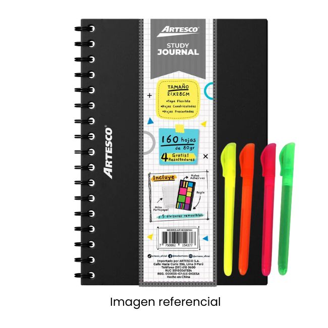 ARTESCO CUADERNO ANILLADO STUDY JOURNAL 160H 80GR + 4 RESALT NEGRO