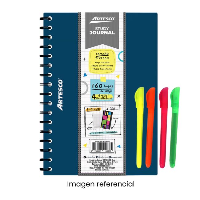 ARTESCO CUADERNO ANILLADO STUDY JOURNAL 160H 80GR + 4 RESALT AZUL