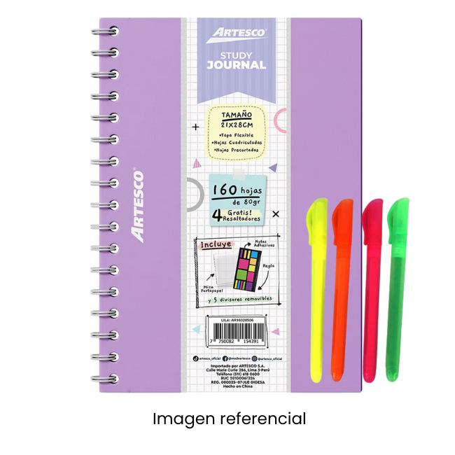 ARTESCO CUADERNO ANILLADO STUDY JOURNAL 160H 80GR + 4 RESALT LILA