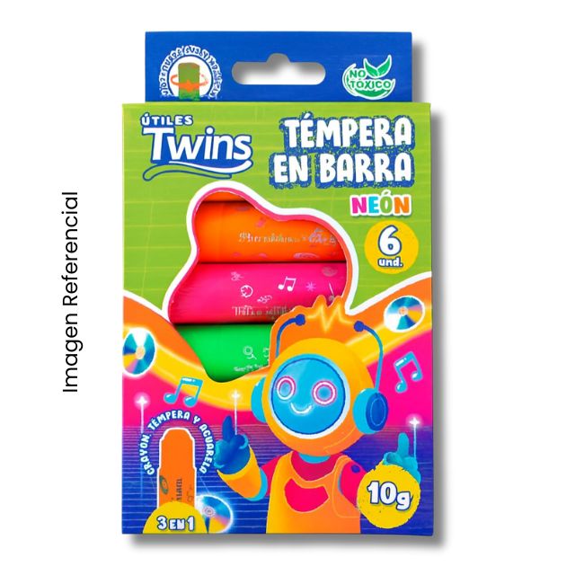 TWINS TEMPERA EN BARRA COLOR NEÓN X 6 COLORES AR-02562