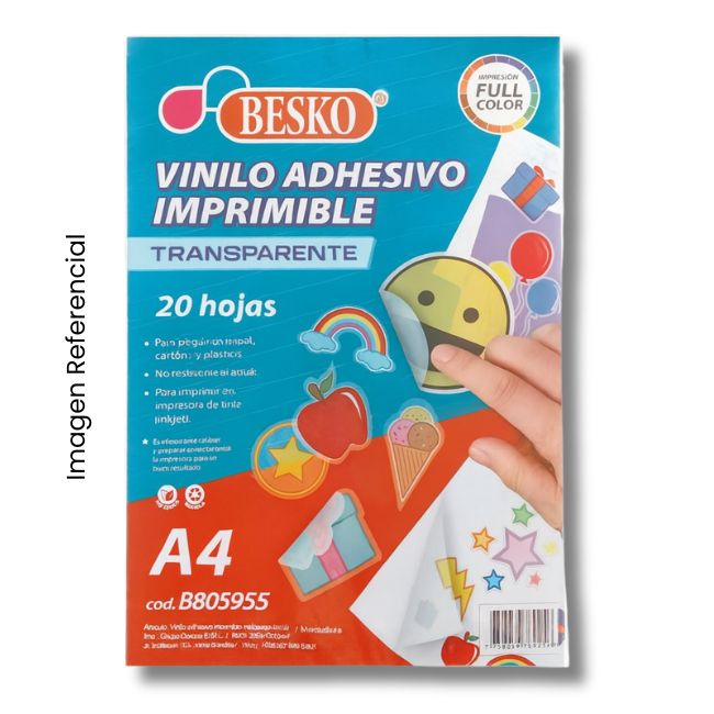 VINILO ADHESIVO IMPRIMIBLE TRANSPARENTE A4 X UND  
