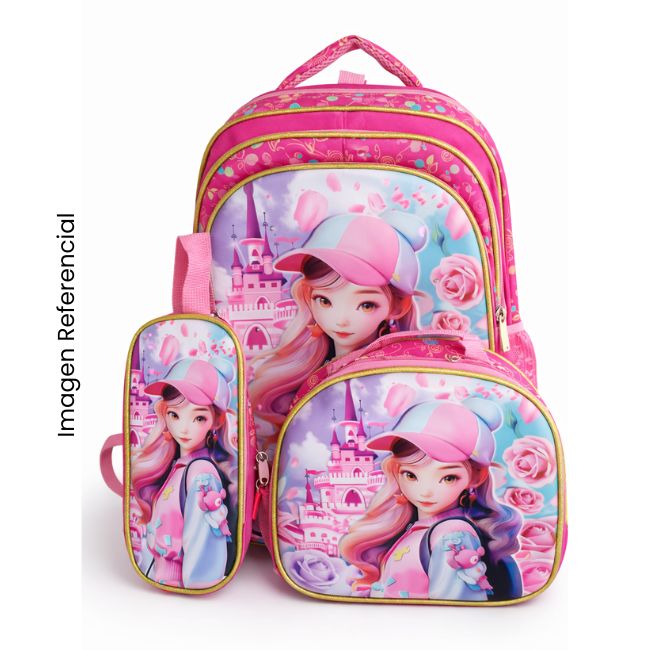 MOCHILA ESCOLAR OFICIO ALTO RELIEVE 3 PIEZAS CON LUZ NIÑA