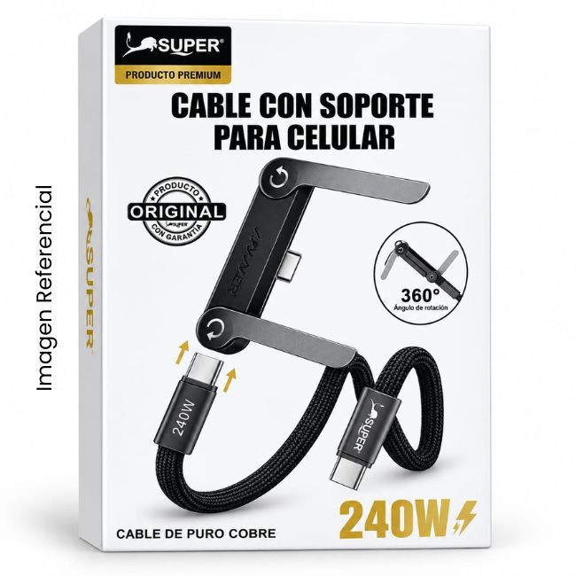 SUPER CABLE DATOS TIPO C A C 240W CON SOPORTE PARA CELULAR