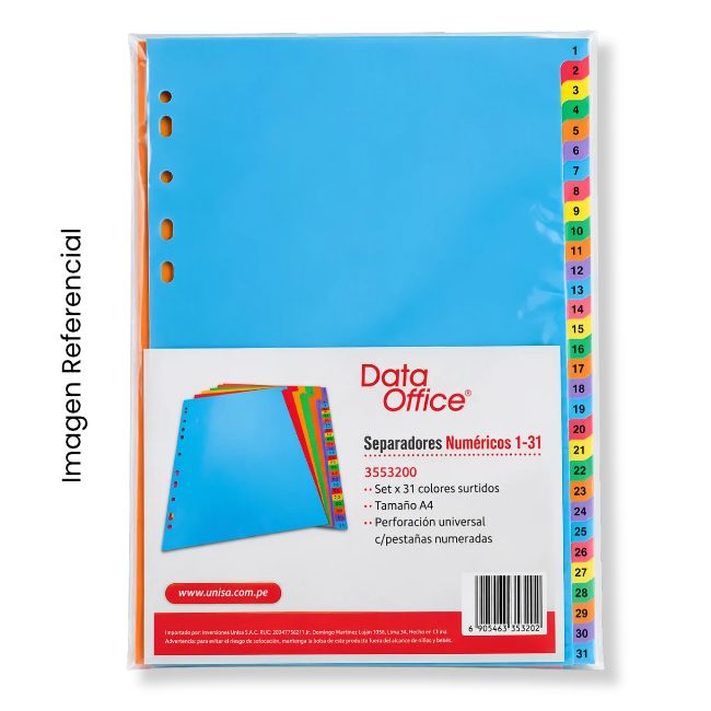 DATA OFFICE SEPARADOR A4 NUMERICO 1 AL 31 COLORES
