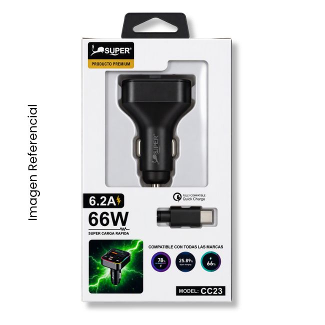 SUPER CIGARRERA CC23 66W + CABLE TIPO C A C TRANSMITOR BLUETOOTH PARA CARRO