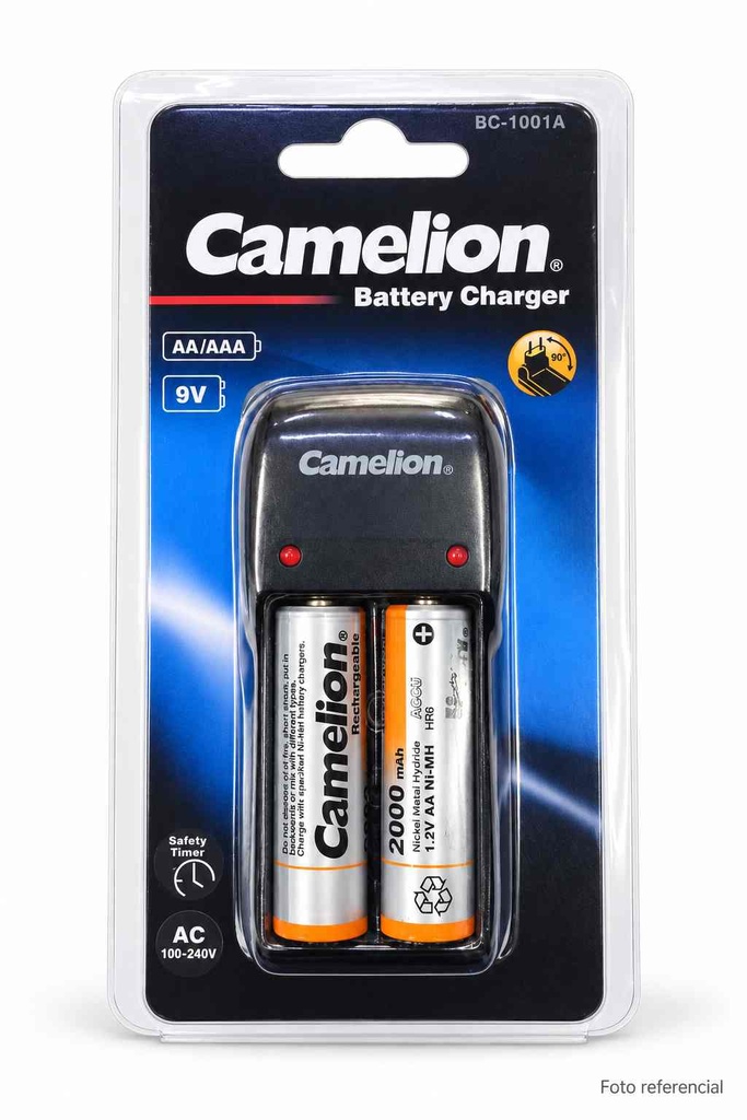 CAMELION CARGADOR DE PILAS9V BC-1001A + 2 PILAS  RECARGABLE AA